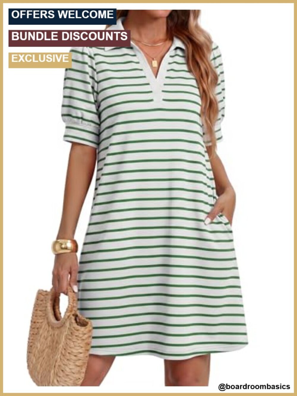 Striped Knit Mini Dress Puff Short Sleeve V-Neck A-Line Summer